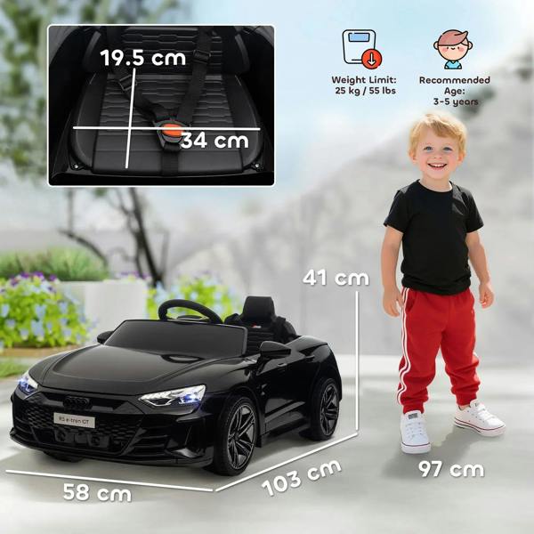 Black kids electric ride-on car with seat area view and overall size dimensions