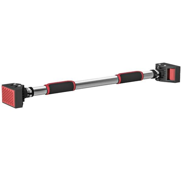 Doorway pull-up bar with black metal frame, red end caps, padded grip handles