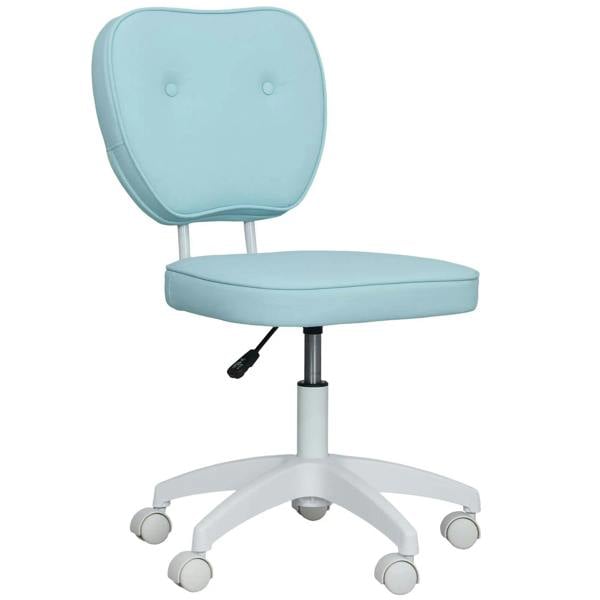 Blue PU leather office chair, armless with cushioned seat back, swivel base on wheels