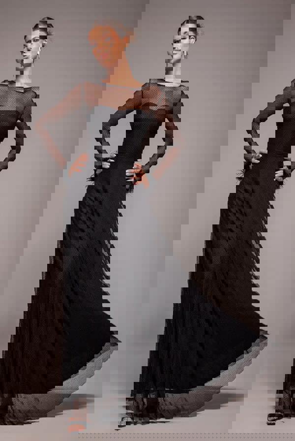 Dobby Mesh Feather Sleeve Hem Maxi Dress - Black DR4046