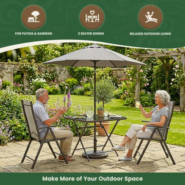 The Garden Marketplace Garden Dining Set – 2 Seater Folding Table & Reclining Chairs with Parasol Hole, Tempered Glass Top, Brown Textoline