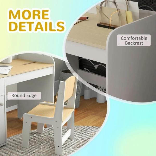White kids chair with round-edge backrest next to storage desk