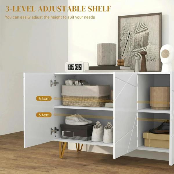 White high-gloss sideboard with adjustable shelves and gold hairpin legs