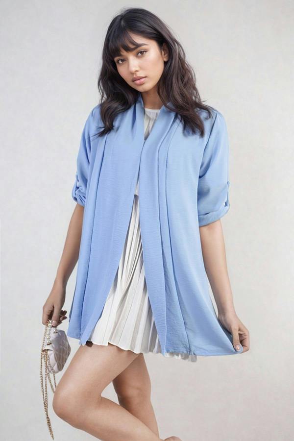 Vivian Open Front Roll Up Sleeve Cardigan - Sky Blue