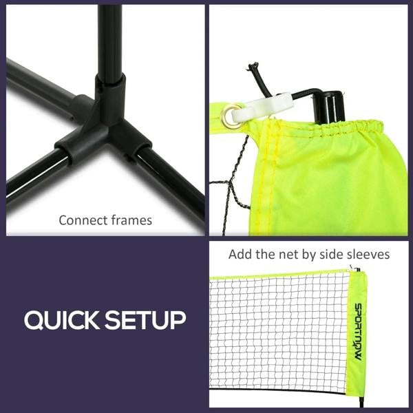 Quick setup net assembly showing black frame connection and neon yellow side sleeves