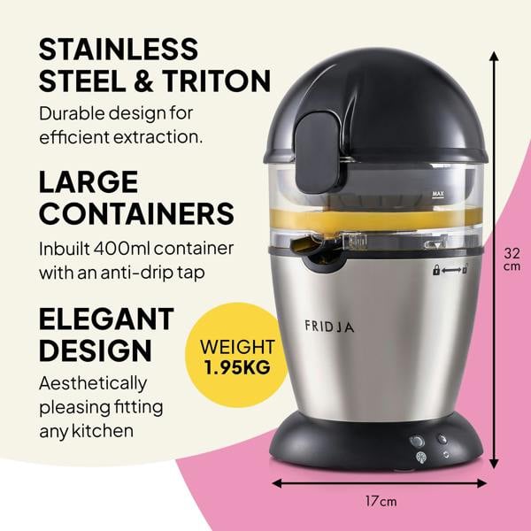 The Fridja Citrus & Juice Duo – f900 Automatic Citrus Juicer & f1900 Cold Press Juicer features a stainless steel and black finish, 400ml transparent container, anti-drip tap, cold-press tech, compact 32cm x 17cm size, and weighs just 1.95kg.