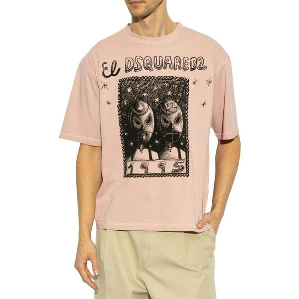 DSquared2 Mens Graphic Print Overlay Loose Fit T-Shirt - Dusty Rose/Black - 