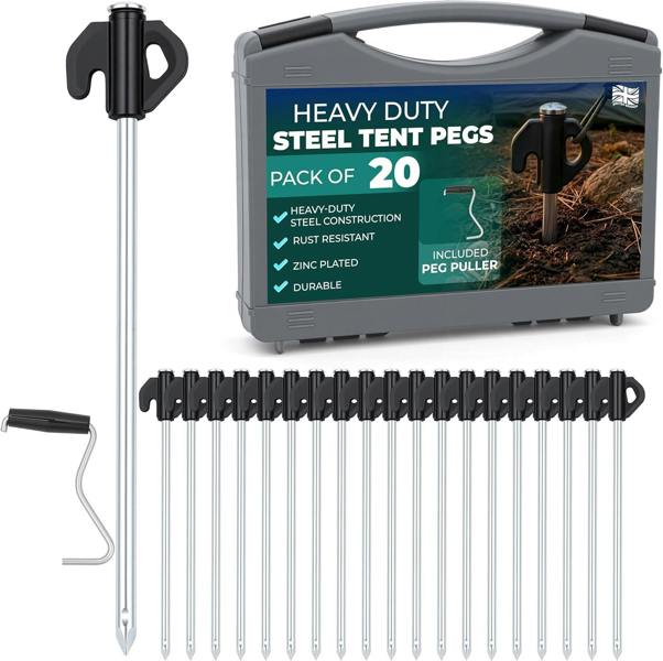 Adventure Peaks Steel Tent Pegs - Set of 20 Zinc Plated Metal Ground Pegs with Peg Puller, Strong Camping & Gazebo Pegs