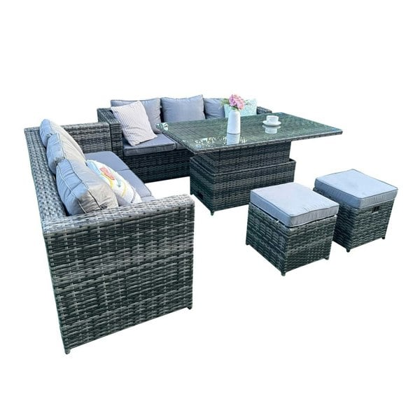 Furniture One Garden Furniture Set of 8 with Height Adjustable Lifting Table, Stools, Soft Cushion PE Rattan Patio Dining Table and Chairs Set