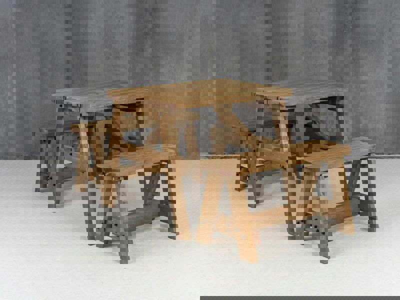 Victoria Rounded Picnic Table and Benches Set – Rustic Finish Wooden Outdoor Dining Set for Gardens, Patios, and Picnics
