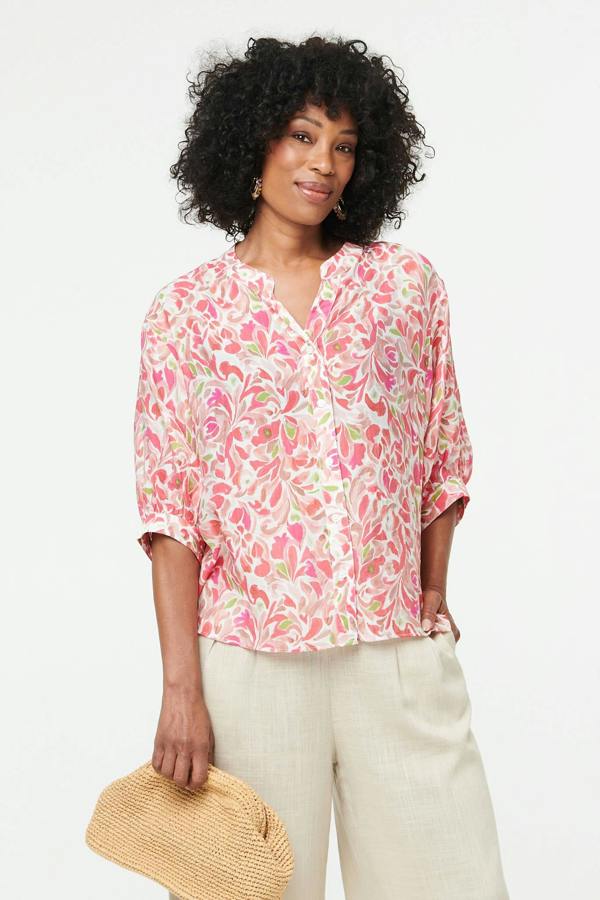 Pink | Printed 1/2 Puff Sleeve Curve Hem Blouse