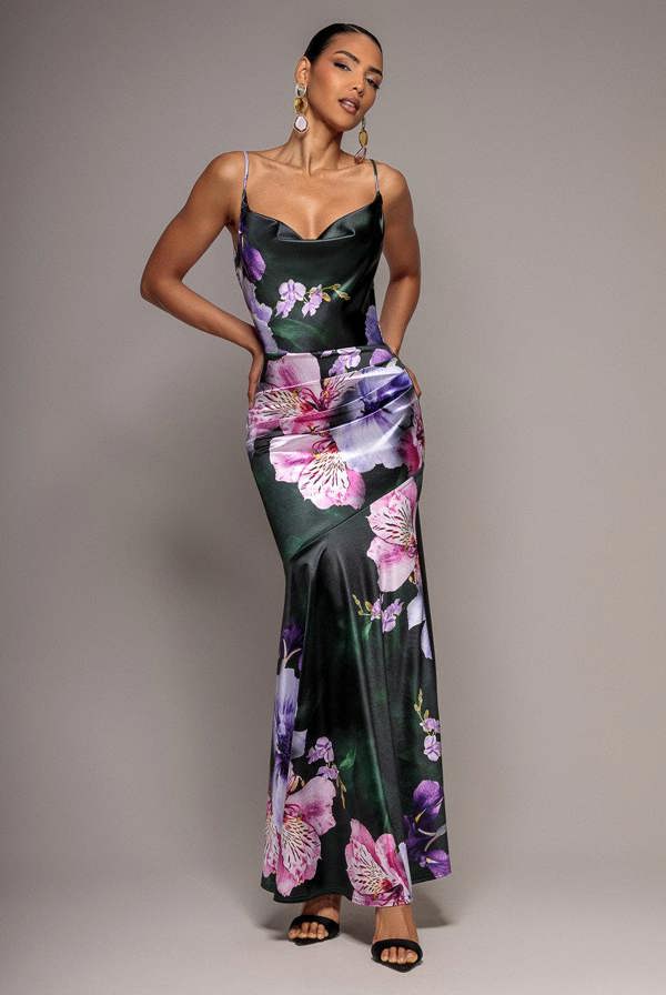 Floral Print Satin Cowl Neck Maxi Dress - Emerald Green DR5191