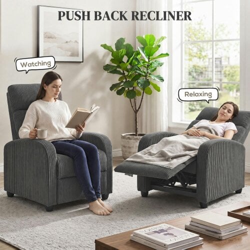 HOMCOM Recliner Armchair, Corduroy Push Back Reclining Chair, Dark Grey