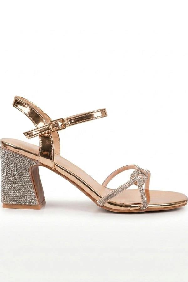 Edie Rhinestone Block Heel Knotted Sandals - Champagne