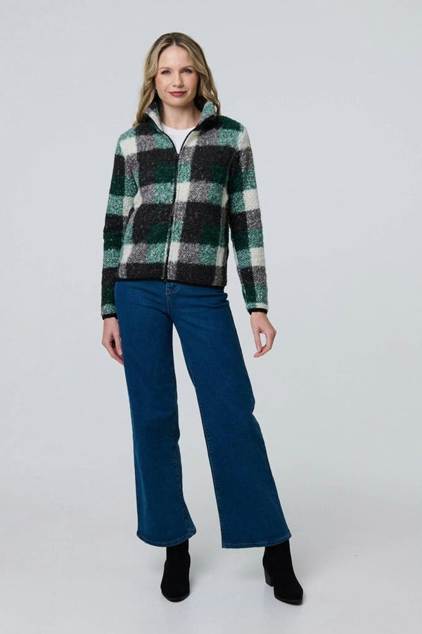 Green | Checked Zip Front Boxy Teddy Jacket

