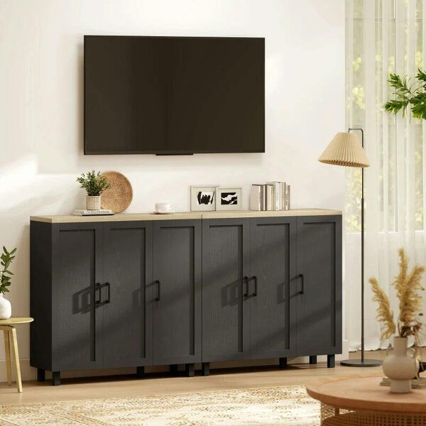 Sideboard Buffet Cabinet, Kitchen Storage Cabinet with 3 Doors and Adjustable Shelves for Living Room, Kitchen, Black