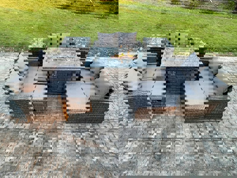 Fimous High Back Rattan Garden Furniture Sofa Sets with Outdoor Furniture Gas Firepit Dining Table Set 3 Footstools 2 Side Tables Dark Grey Mixed