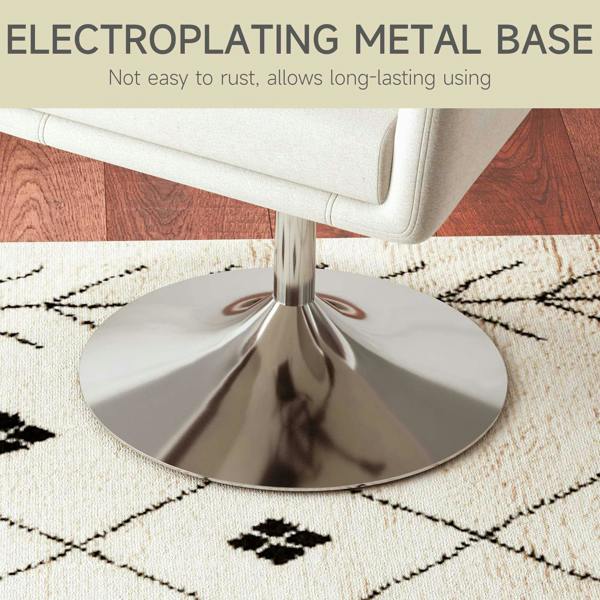 Close-up of chrome electroplated metal pedestal base under cream white swivel chair