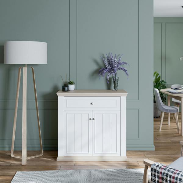 Furniture To Go Pontypool 2 Door 1 Drawer Small Sideboard in White and Riva Oak