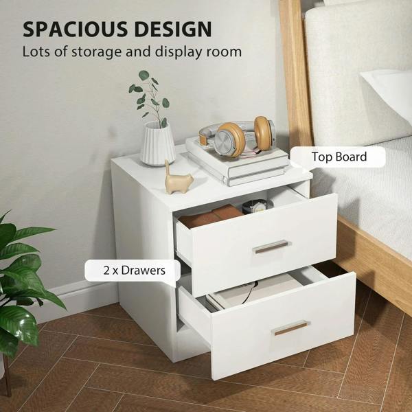 White bedside table with two open drawers and interior storage compartment