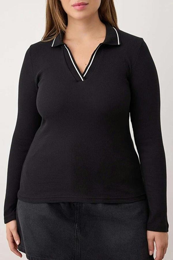WOVCOR Knitted Collar Detail Fitted Ribbed Stretch Knit Blouse
