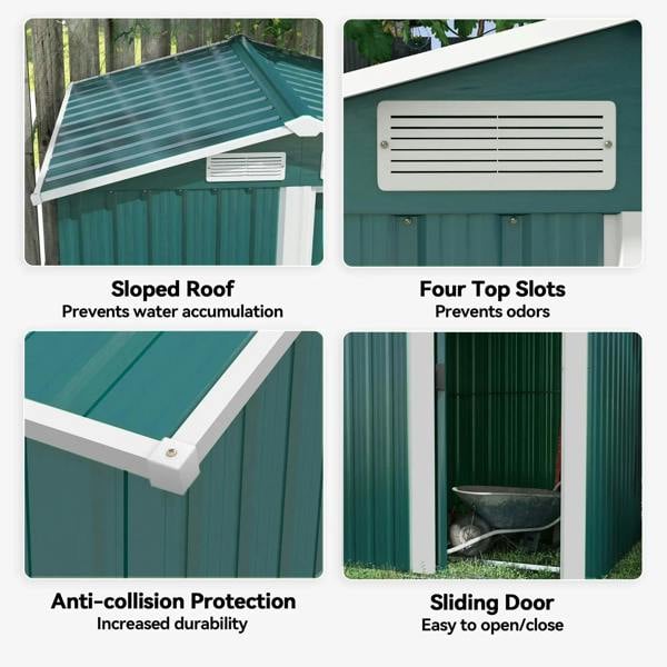 Green metal shed features: sloped roof, vented panel, sliding door, anti-collision