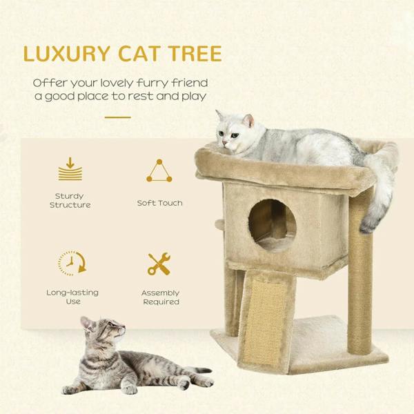 Luxury-style cat tree tower with plush top bed, doorway hide, and hanging toy ball feature