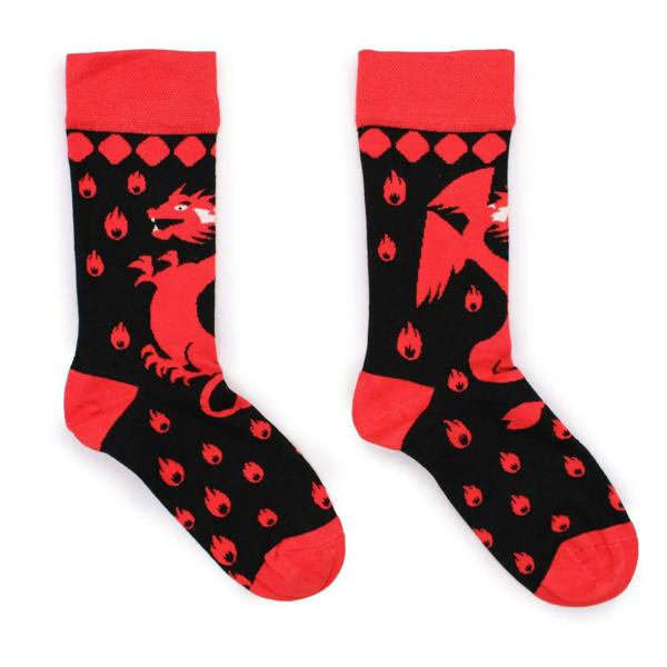 Red and black dragon flame bamboo crew socks, ribbed cuffs
