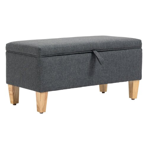 Wyld Haus Cose Linen Dark Grey Storage Ottoman With Padded Seat Natural Wooden Legs