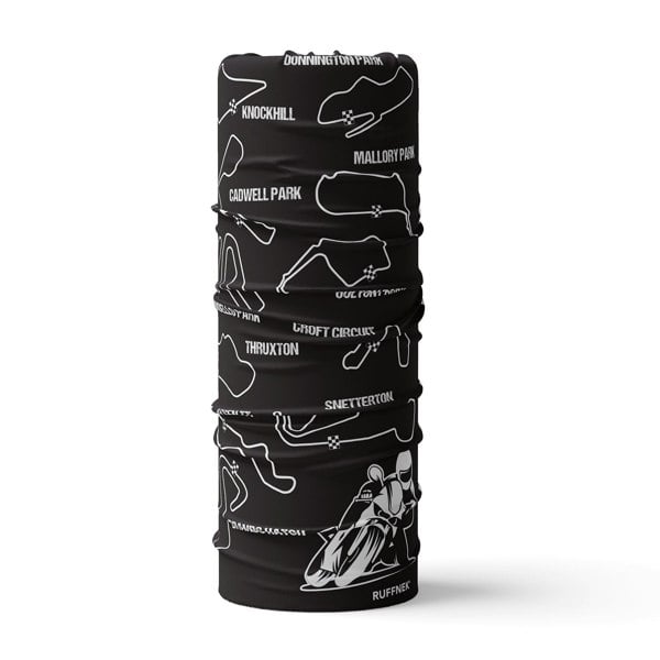 Motorcycle Circuits Neck Gaiter Snood. RUFFNEK® A lightweight motorcycle circuit design neck tube, ideal for motorbike riders. #MotorcycleAccessories #NeckTube #BikerStyle