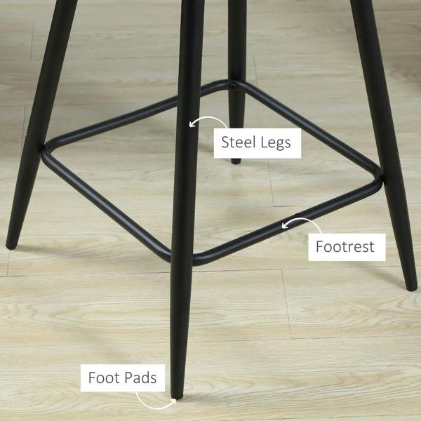 Grey counter-height bar stool with black steel legs, footrest, and protective foot pads