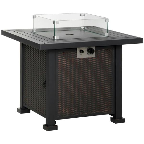 Black square propane fire pit table with glass wind screen and burner controls