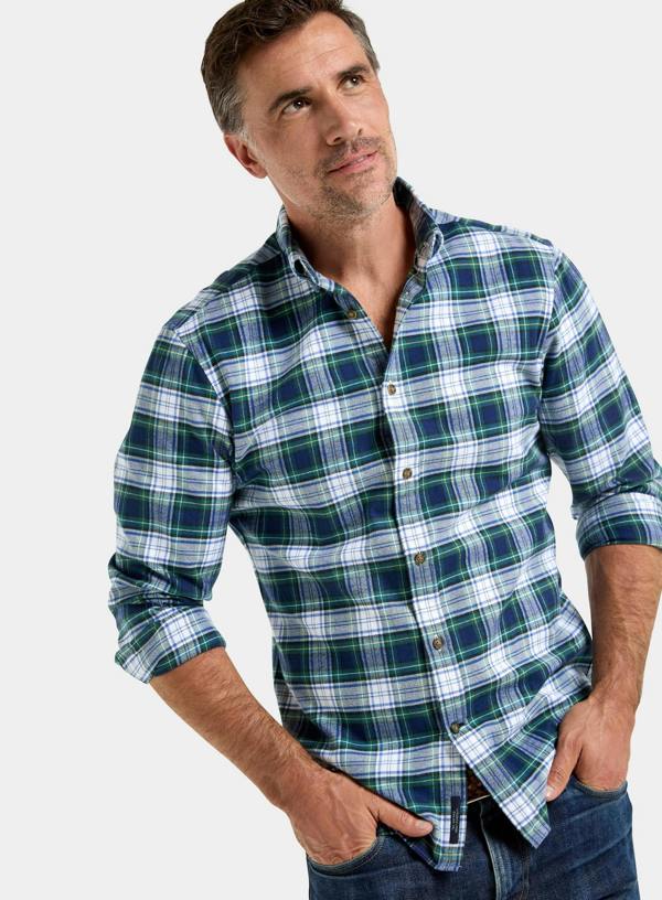 Button Down Flannel Shirt - White and Green Check
