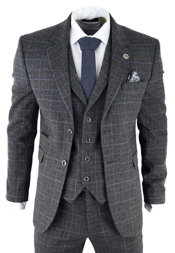 TruClothing Mens Grey Check 3 Piece Tweed Suit Peaky Blinders 1920s Gatsby Tailored Fit