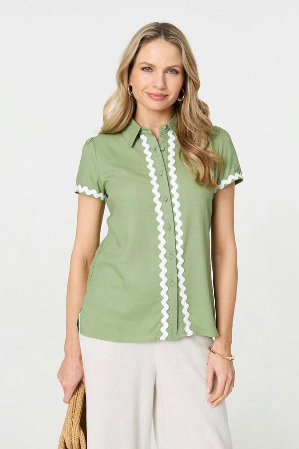 Sage | Zig Zag Trim Short Sleeve Shirt
