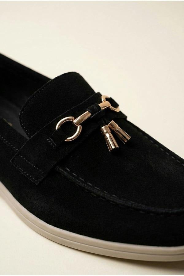 Camille Womens Suede Padlock Charm Loafers - Black