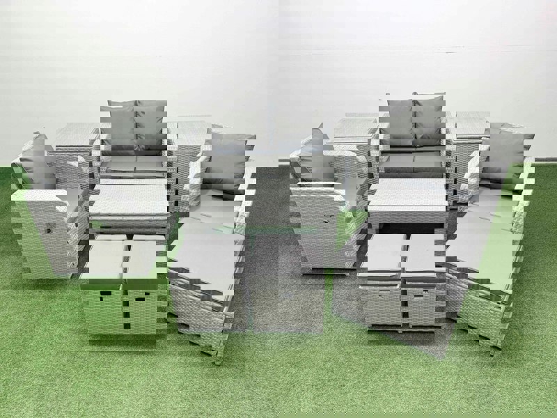 Fimous Light Grey PE Wicker Rattan Garden Furniture Set Sofa Set Reclining Adjustable Chair Oblong Coffee Table 7 Seater 3  Stools 2 Side Table