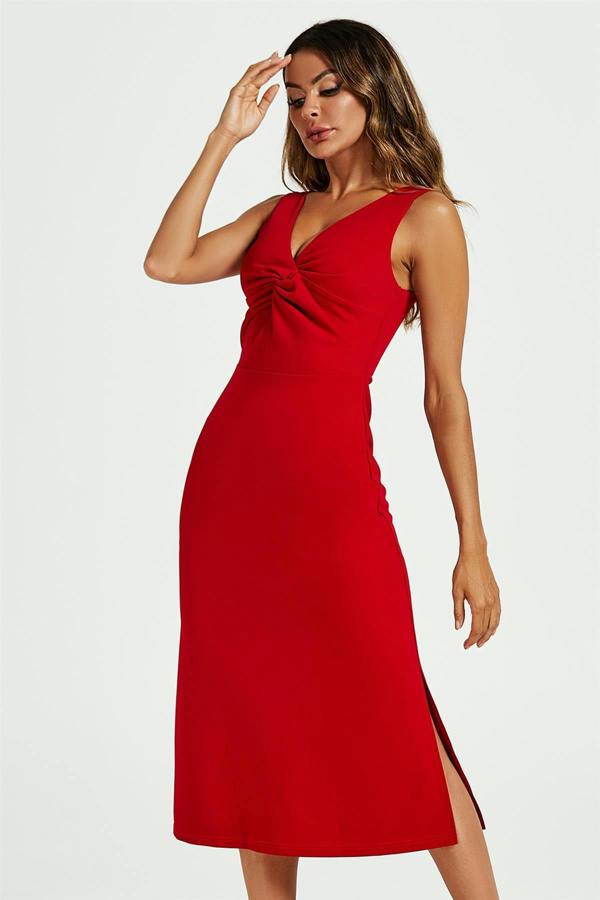 FS Collection V Neck Knot Front Midi Dress In Red