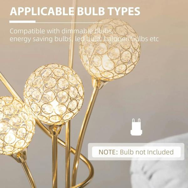 Gold-tone crystal floor lamp with glowing round shades on curved stems