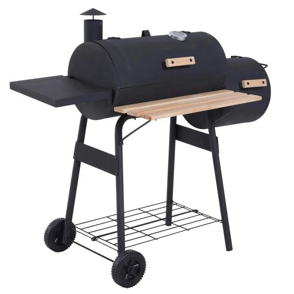Portable charcoal BBQ grill with black steel body, wooden shelves, and four caster wheels.