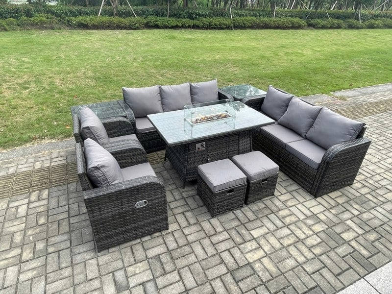 Fimous Rattan Outdoor Garden Furniture Set with Gas Fire Pit Dining Table, 2 Side Tables, 2 Chairs, 2 Sofas, 2 Footstools - 10 Seater - Dark Grey