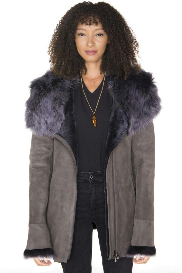 Infinity Leather Womens Grey Suede Hooded Merino Sheepskin Coat-Monrovia