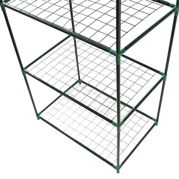Mini greenhouse with four wire mesh shelves, black metal frame, and green plastic connectors, ideal for indoor or outdoor gardening