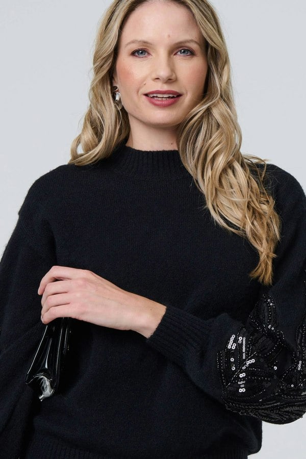 Black | Sequin Embellished Relaxed Jumper
