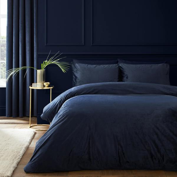 Catherine Lansfield Kingsley Soft Matt Velvet Duvet Cover Set Navy Blue