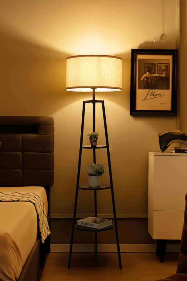 Living and Home Round Shelf Floor Lamp with Fabric Lampshade