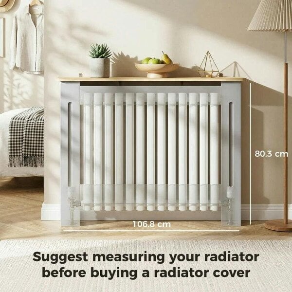 Bobobiy Slatted Radiator Cover, Painted Cabinet with Line Grill Design, 112W × 19D × 81H cm, Grey