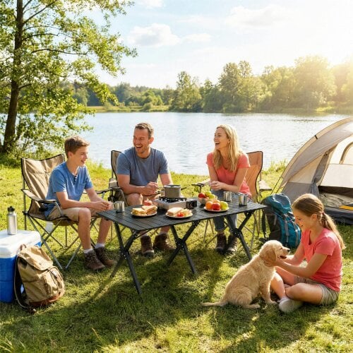 Outsunny 4ft Folding Camping Table, Picnic Table with Roll Up Top, Brown - 1 - 116 x 59 x 43 cm - 59