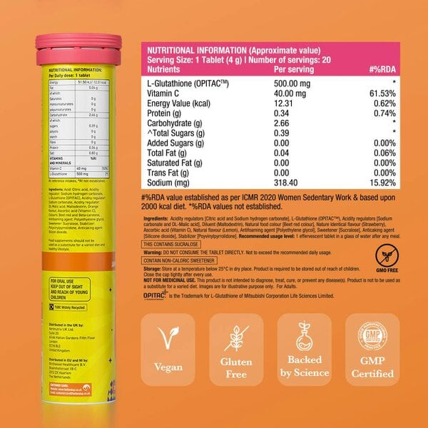 Glow Glutathione Tablets for Skin Brightening – Orange Flavour, Pack of 1