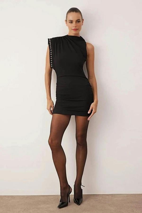 WOVCOR Knitted Crepe Mini Unlined Dress with Stud Detail